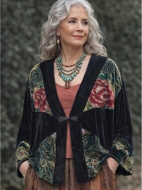 Aria A Vintage Beaded & Sequined Velvet Peacock Jacket, Black/Multi, Boho, M